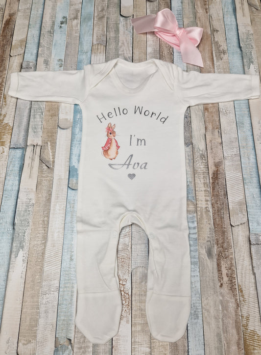 Baby Girls White Personalised Babygro With Hello World  Pink Rabbit