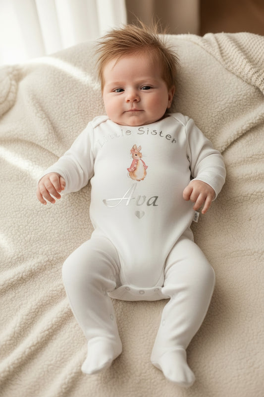 Baby Girls Printed Personalised Little Sister Babygro With Pink Rabbit