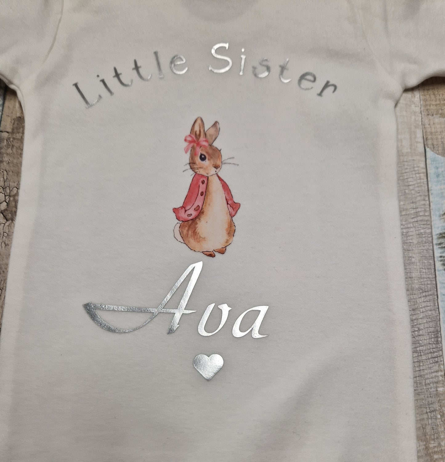 Baby Girls Personalised Little Sister Babygro With Pink Rabbit