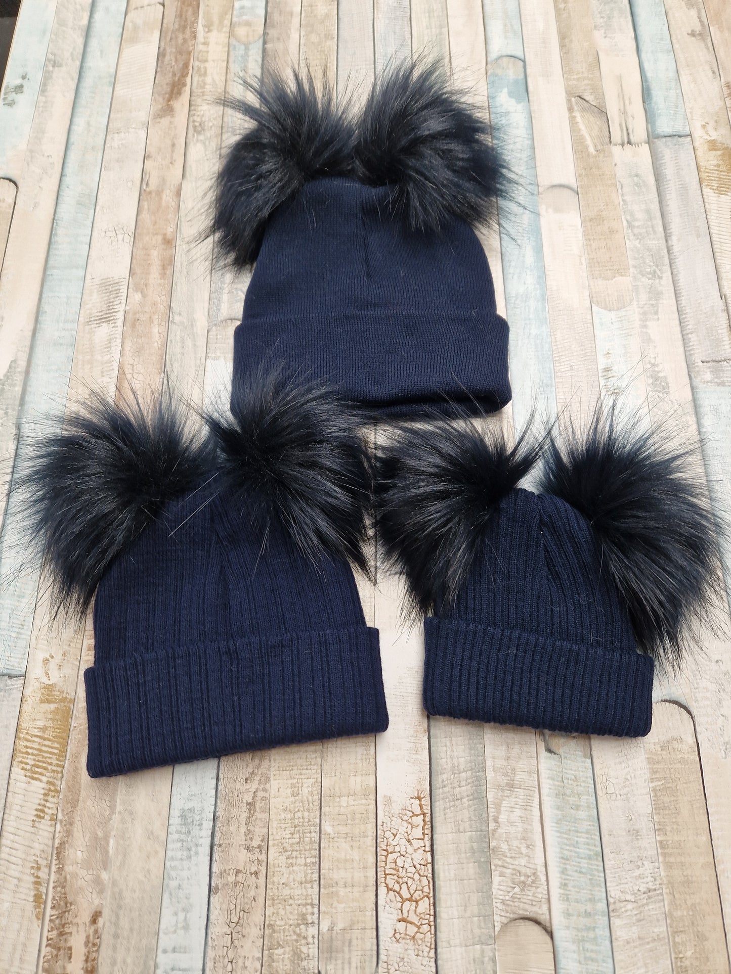 Baby Knitted Navy Hat Double Navy Fluffy Faux Fur Pom's