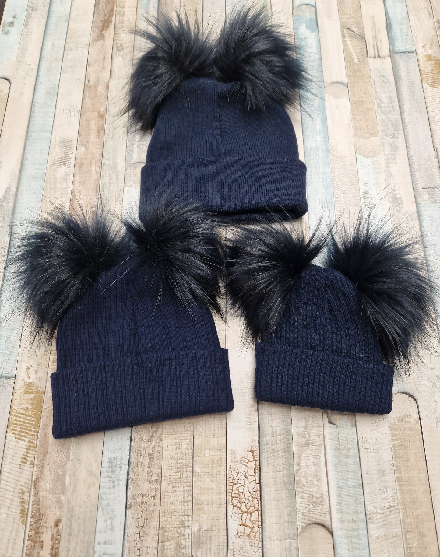 Personalised Baby Navy Knitted Double Navy Fluffy Faux Fur Pom Hat