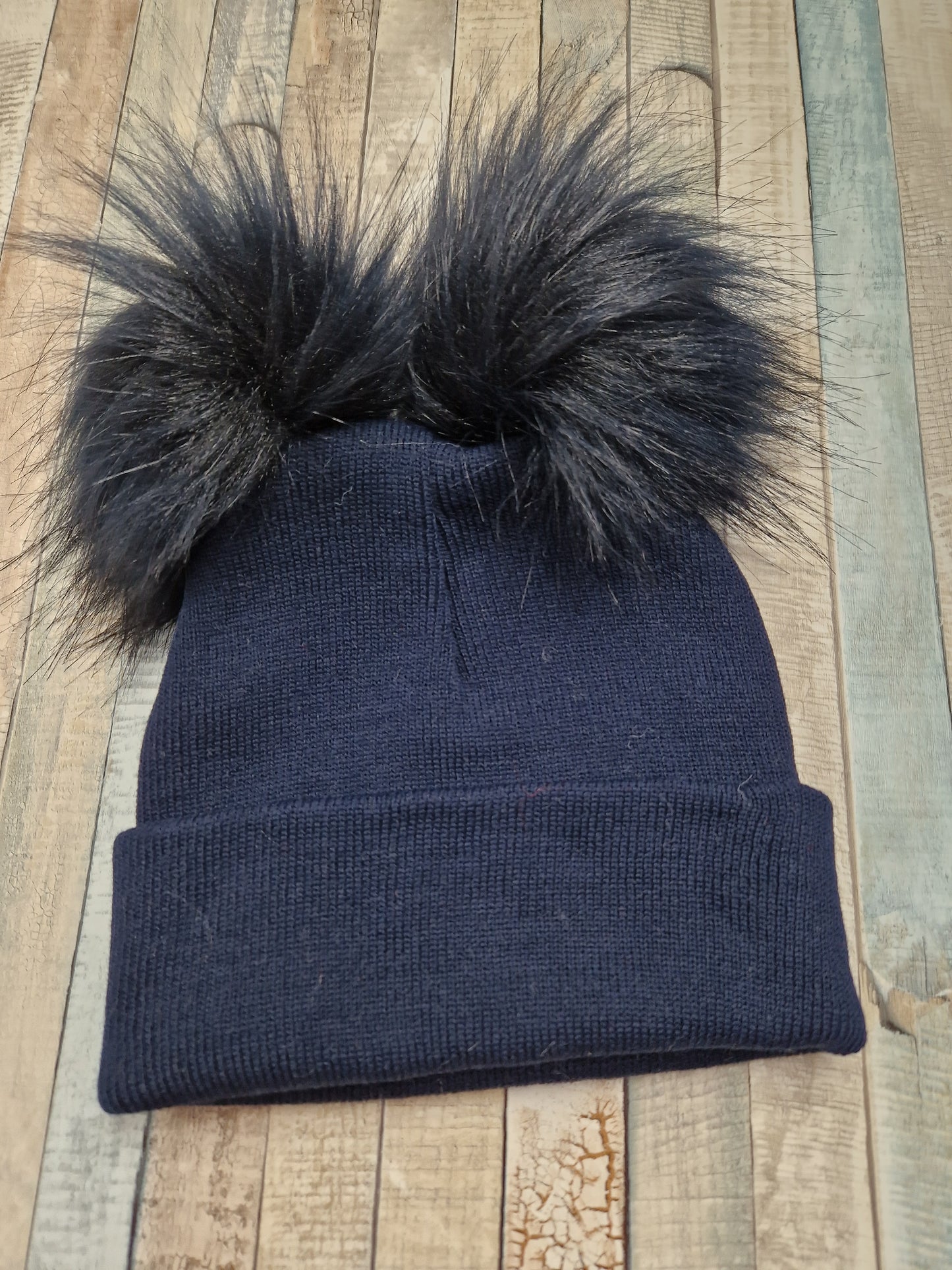 Baby Knitted Navy Hat Double Navy Fluffy Faux Fur Pom's