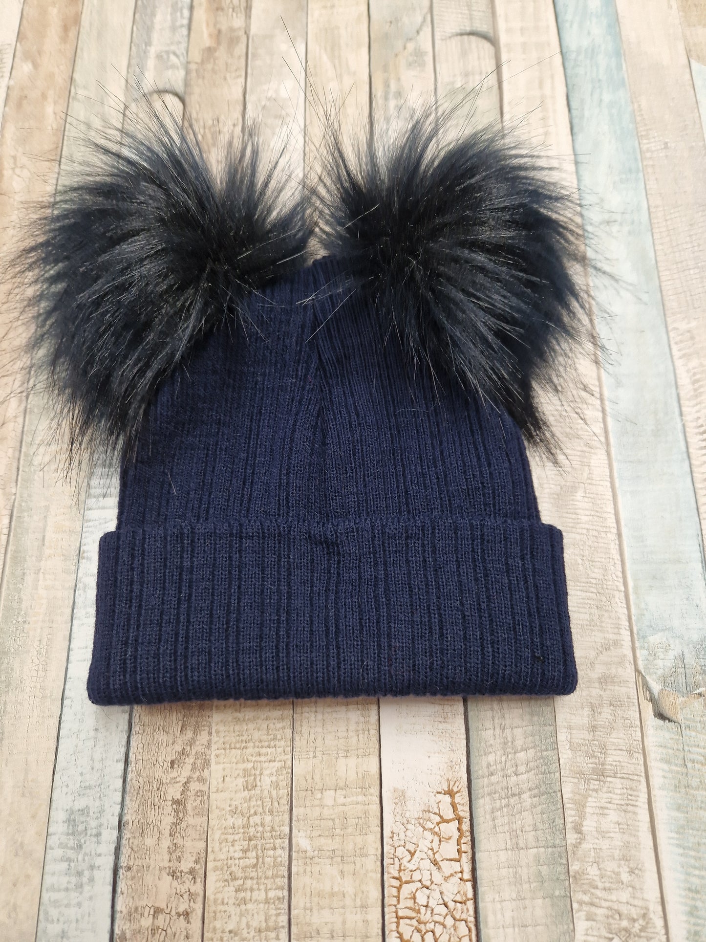 Baby Knitted Navy Hat Double Navy Fluffy Faux Fur Pom's