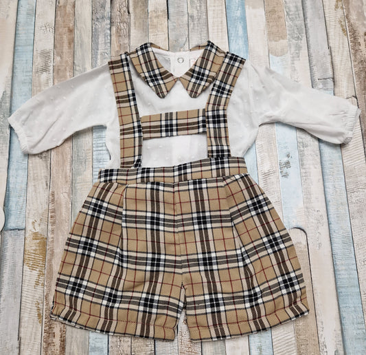 Baby Boys Beige Tartan Dungaree Set