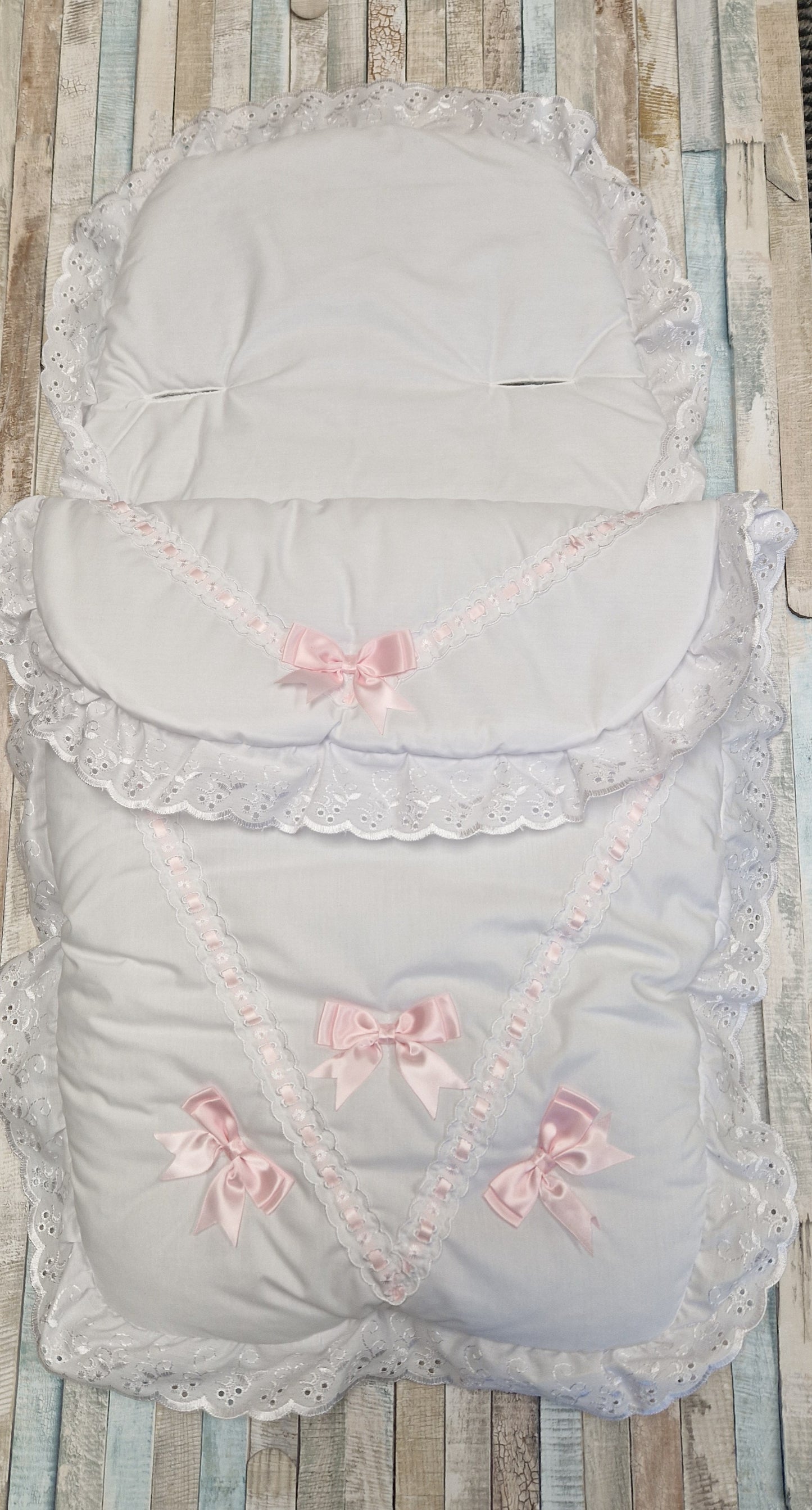 White Broderie Anglaise Lace Footmuff/ Cosytoes With 4 Pink Satin Bow