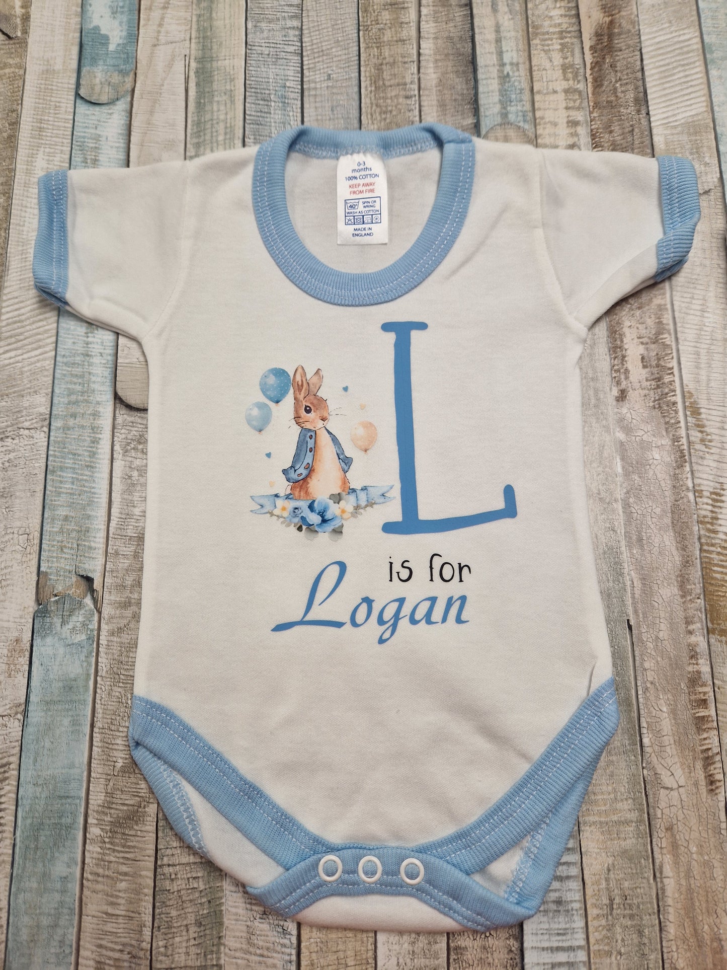 Baby Boys Personalised White And Blue Vest With Initial and Printed Rabbit