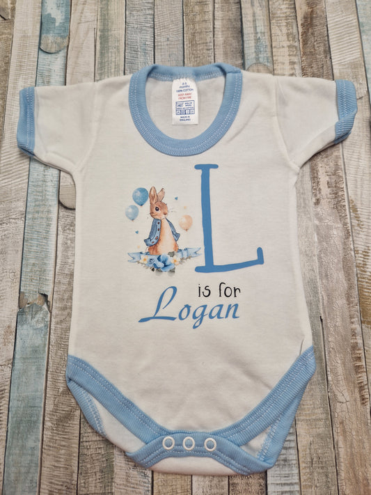 Baby Boys Personalised White And Blue Vest With Initial and Printed Rabbit