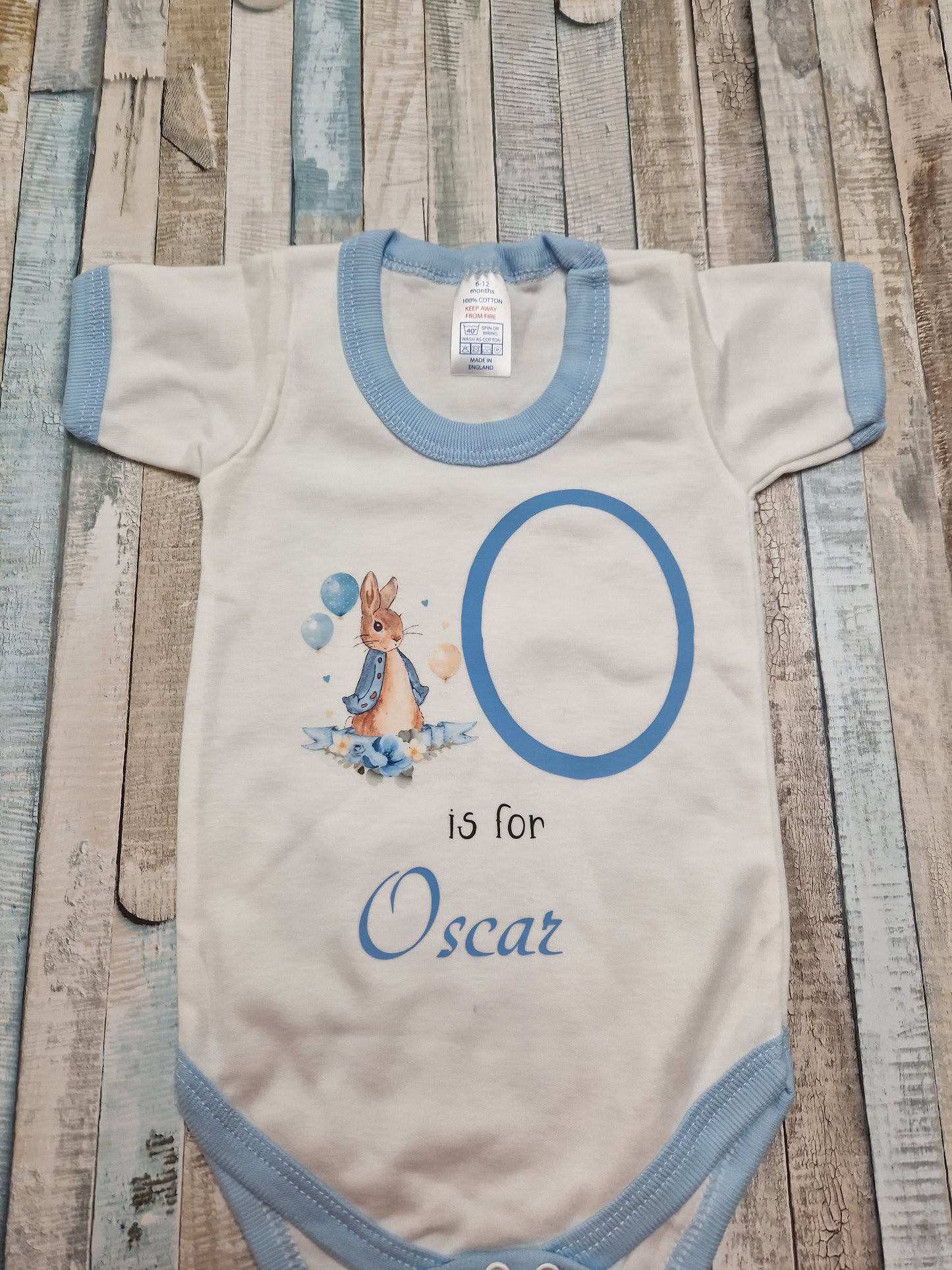 Baby Boys Personalised White And Blue Vest With Initial and Printed Rabbit