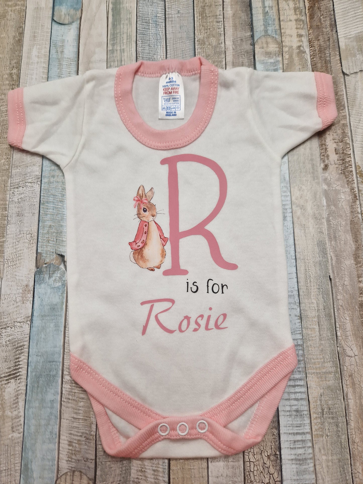 Baby Girls Personalised White And Pink Vest With Initial and Printed Rabbit