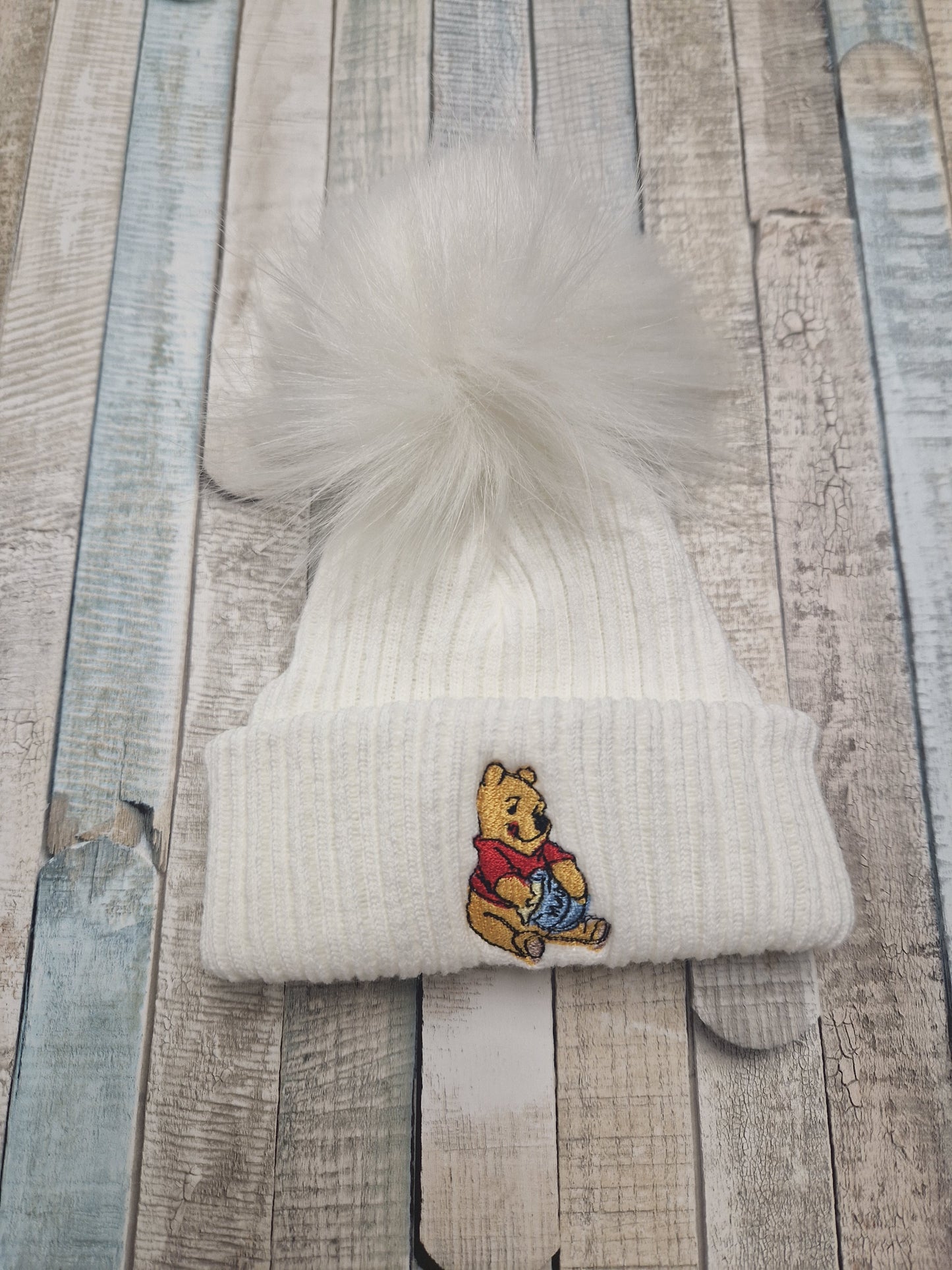 Unisex Baby Knitted White Single Fluffy Pom Bear Design Hat