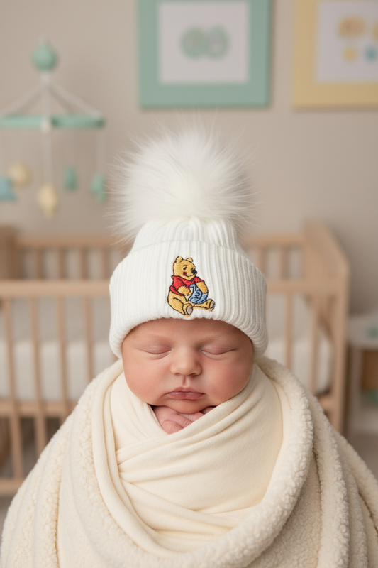 Unisex Baby Knitted White Single Fluffy Pom Bear Design Hat