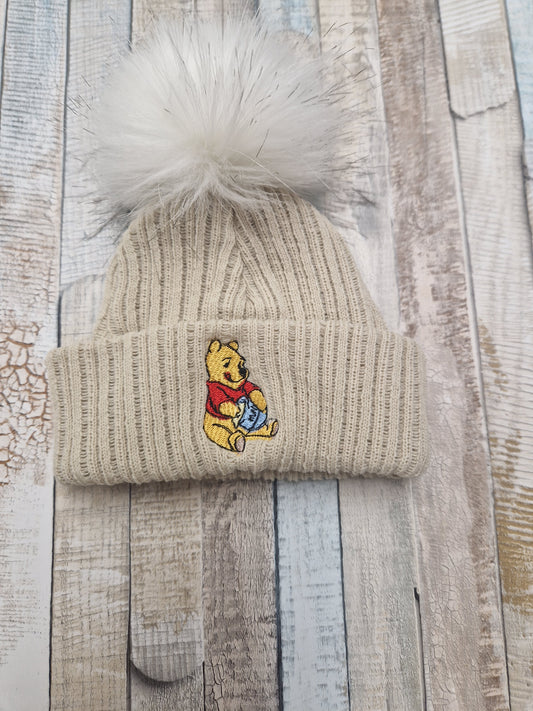 Unisex Baby Knitted Beige Single Fluffy Pom Bear Design Hat