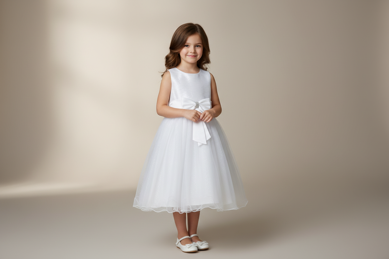 Girls White Sleeveless Dress With Diamante