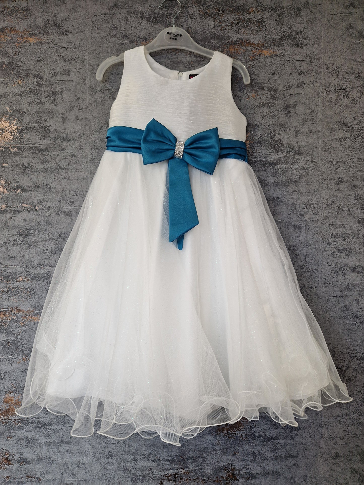 Girls Cream Sleeveless Dress With Diamante Teal Satin Bow