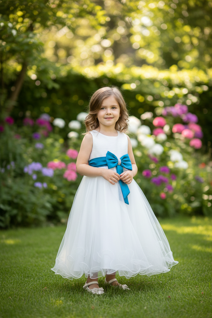 Girls Cream Sleeveless Dress With Diamante Teal Satin Bow