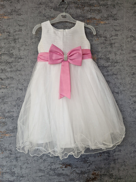 Girls Cream Sleeveless Dress With Diamante Pink Satin Bow