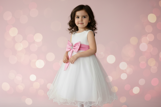 Girls Cream Sleeveless Dress With Diamante Pink Satin Bow