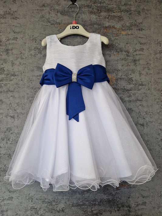 Girls White Sleeveless Dress With Diamante Royal Blue Satin Bow