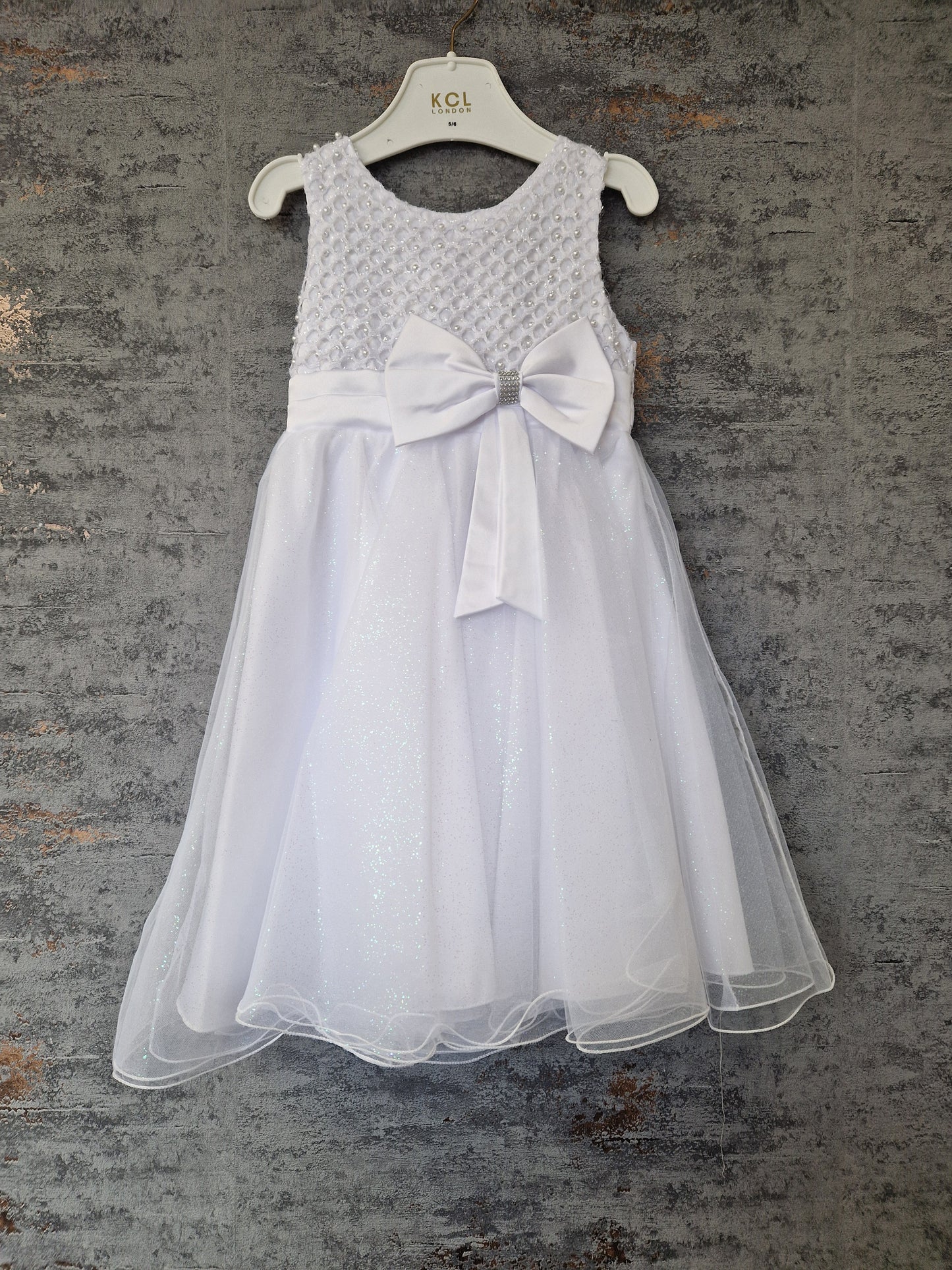 Girls White Sleeveless Pearl Detail Dress With Satin Bow