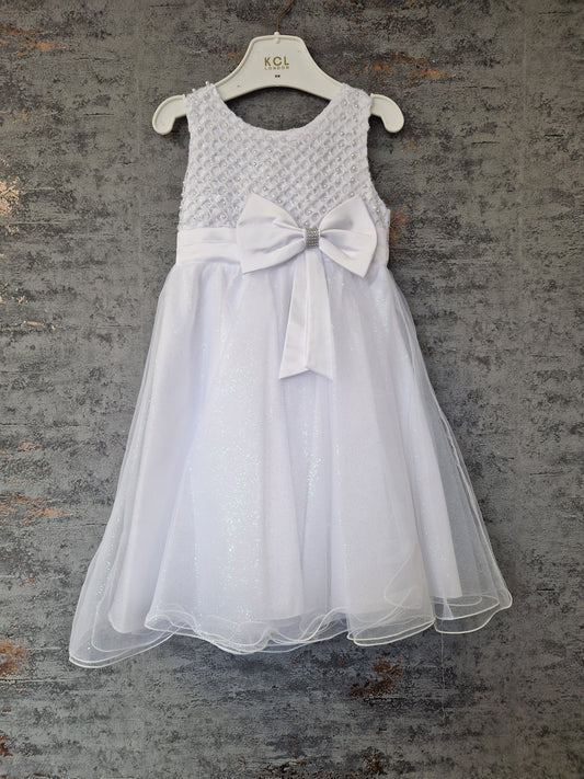 Girls White Sleeveless Pearl Detail Dress With Satin Bow