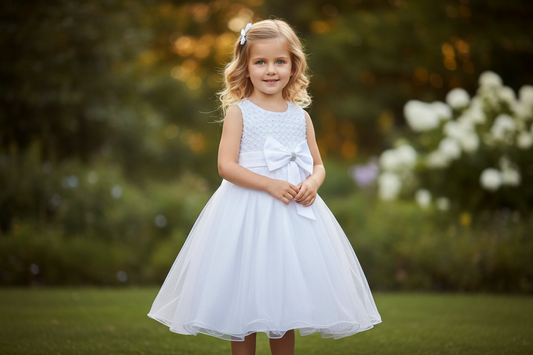 Girls White Sleeveless Pearl Detail Dress With Satin Bow