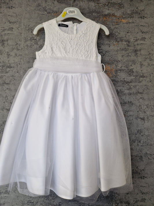 Girls White Sleeveless Dress With Diamante Detail