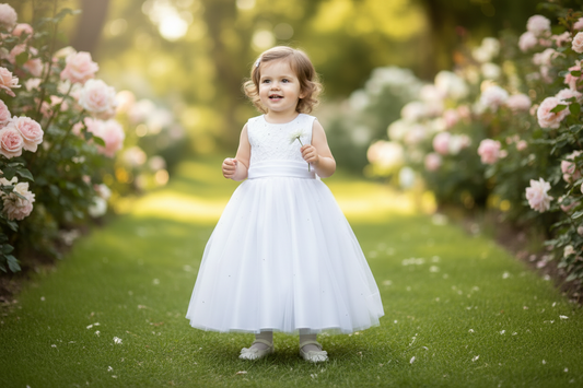 Girls White Sleeveless Dress With Diamante Detail