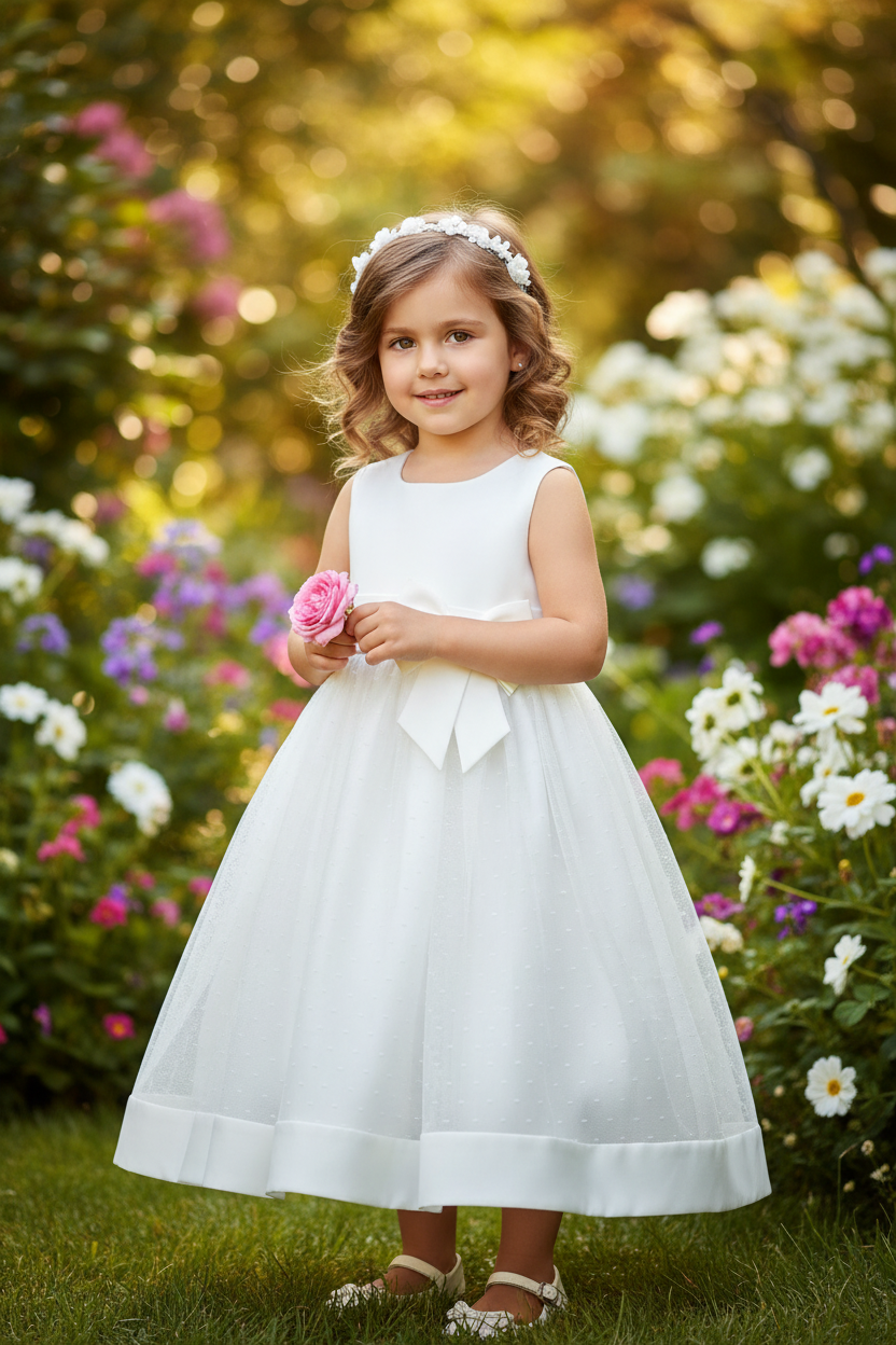 Girls Cream Visara Sleeveless Dress With Satin Bow