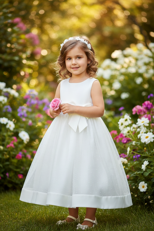 Girls Cream Visara Sleeveless Dress With Satin Bow