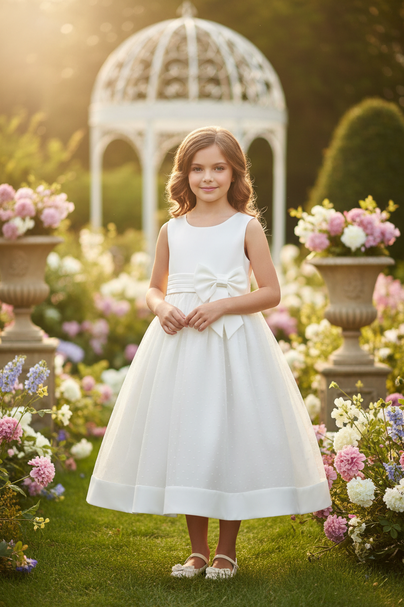 Girls Cream Visara Sleeveless Dress With Satin Bow