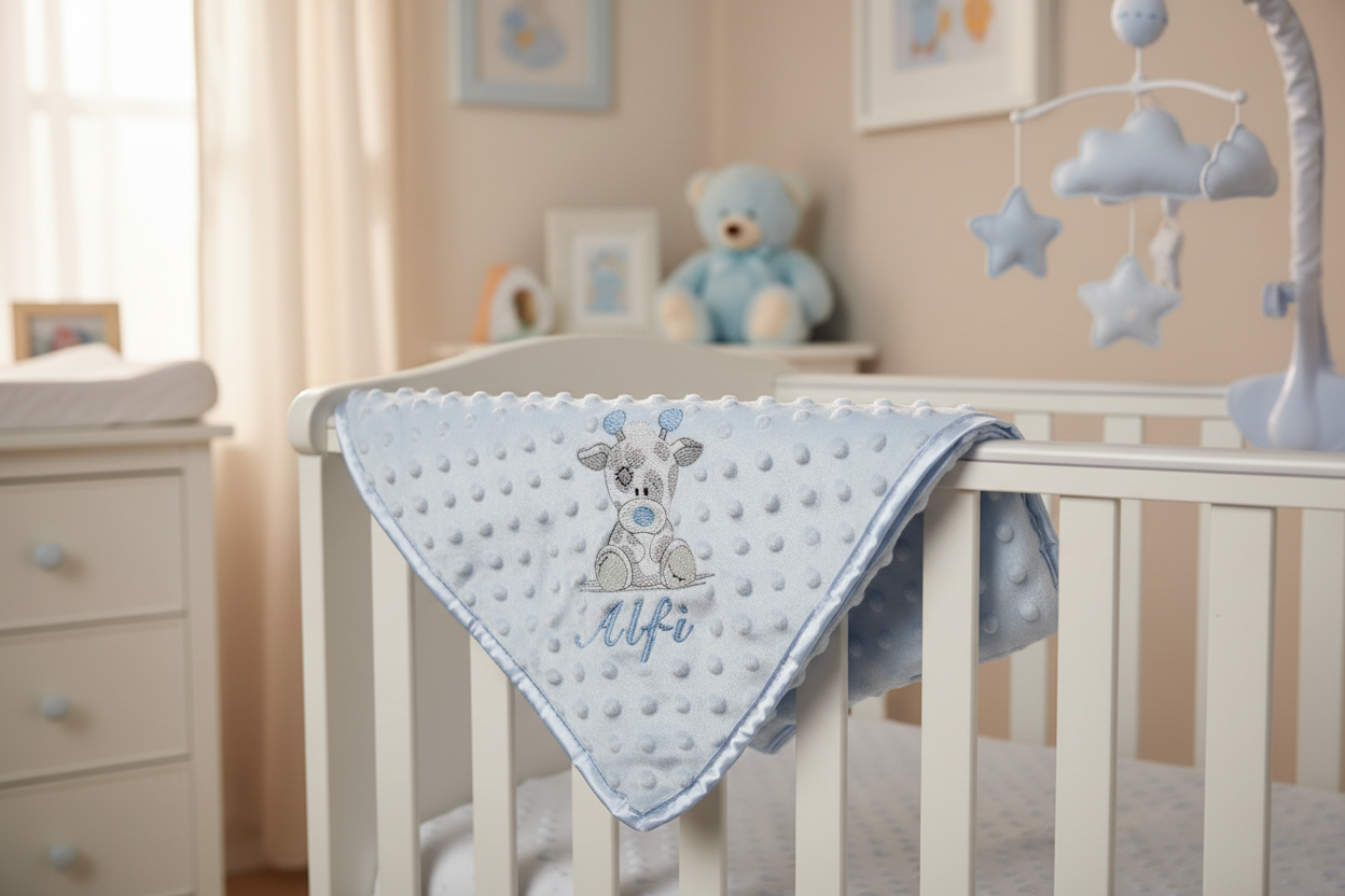Baby Boys Personalised Blue Gigi Giraffe Dimple Wrap