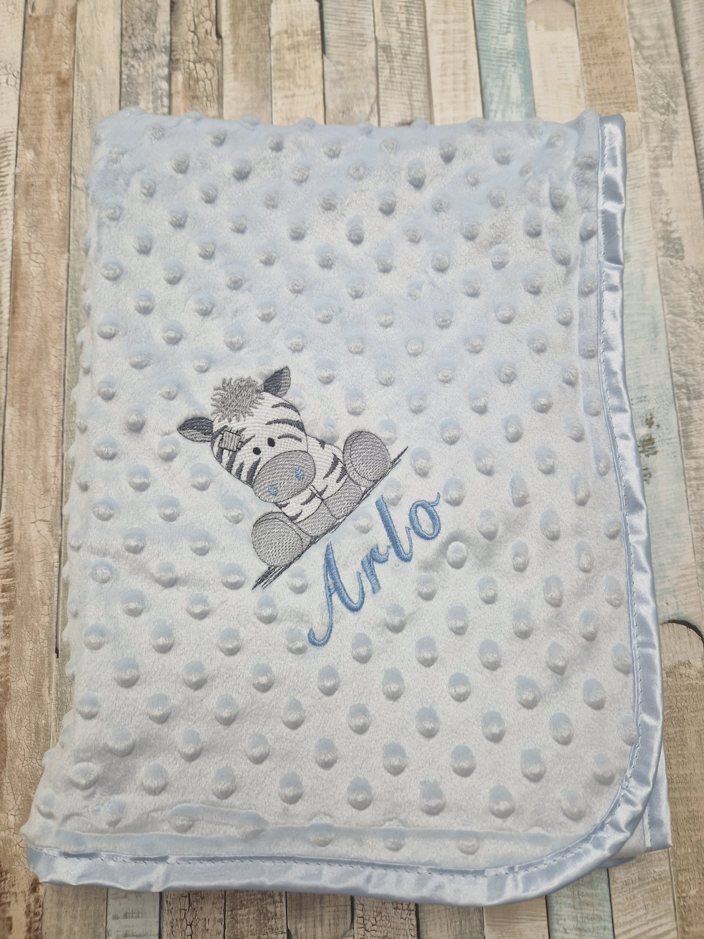 Baby Boys Personalised Blue Ziggy Zebra Dimple Wrap