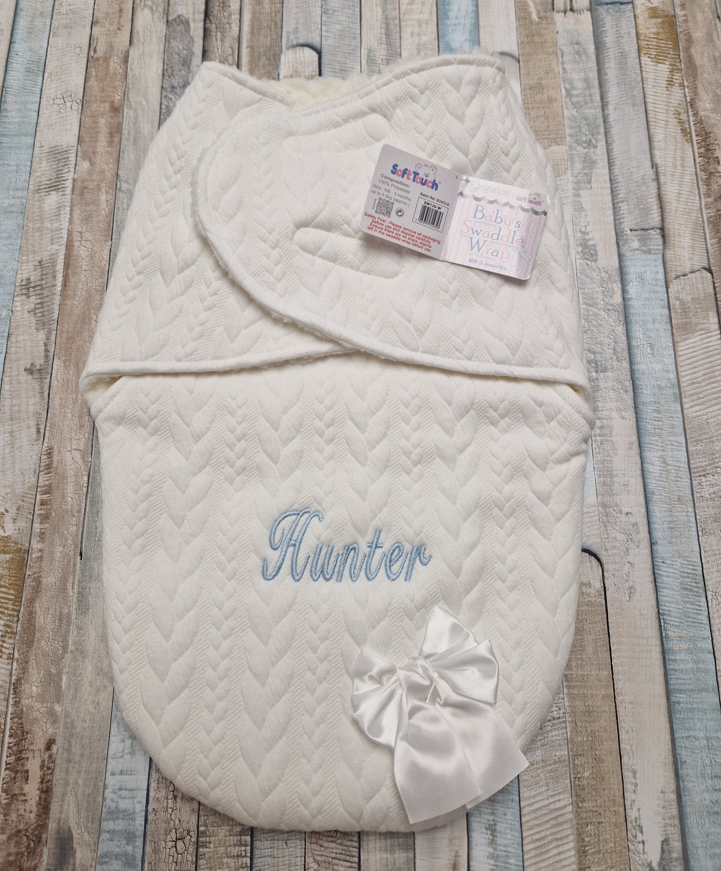 Personalised Unisex Baby White Knitted Cable Design Swaddle Wrap