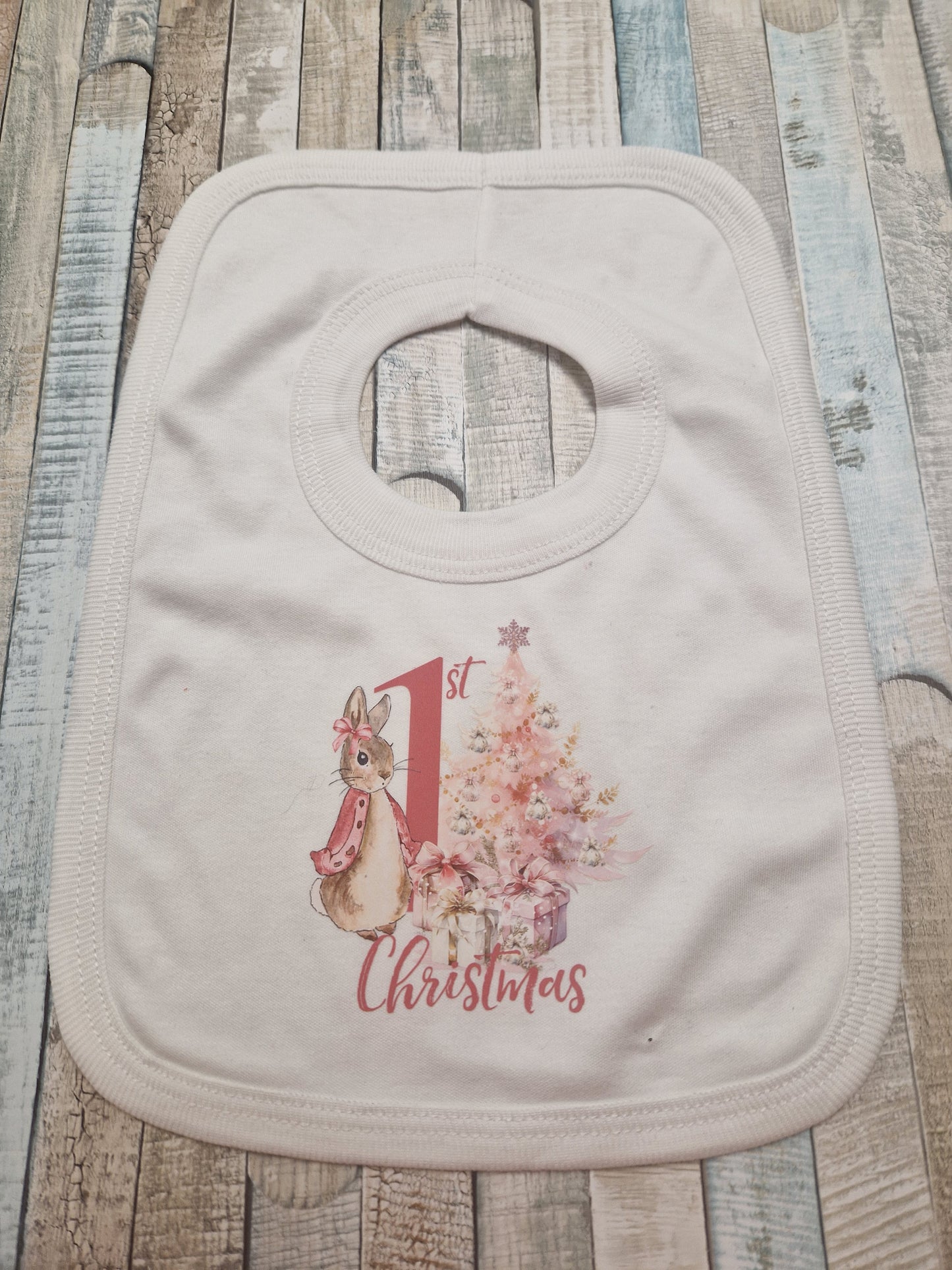 Baby Girls White 1st Christmas Bib With Pink Rabbit