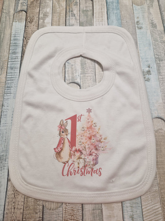 Baby Girls White 1st Christmas Bib With Pink Rabbit