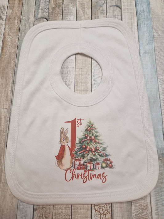 Unisex Baby 1st Christmas White Bib With Red Printed Rabbit