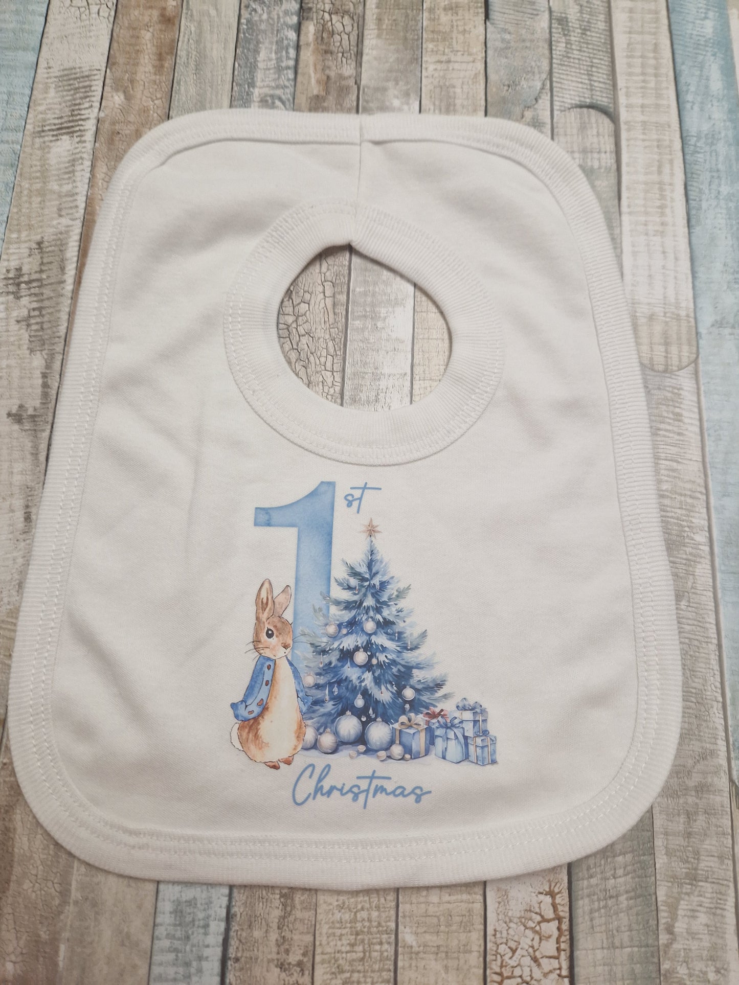 Baby Boys White 1st Christmas Bib With Blue Rabbit