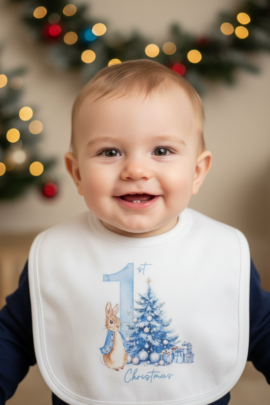 Baby Boys White 1st Christmas Bib With Blue Rabbit