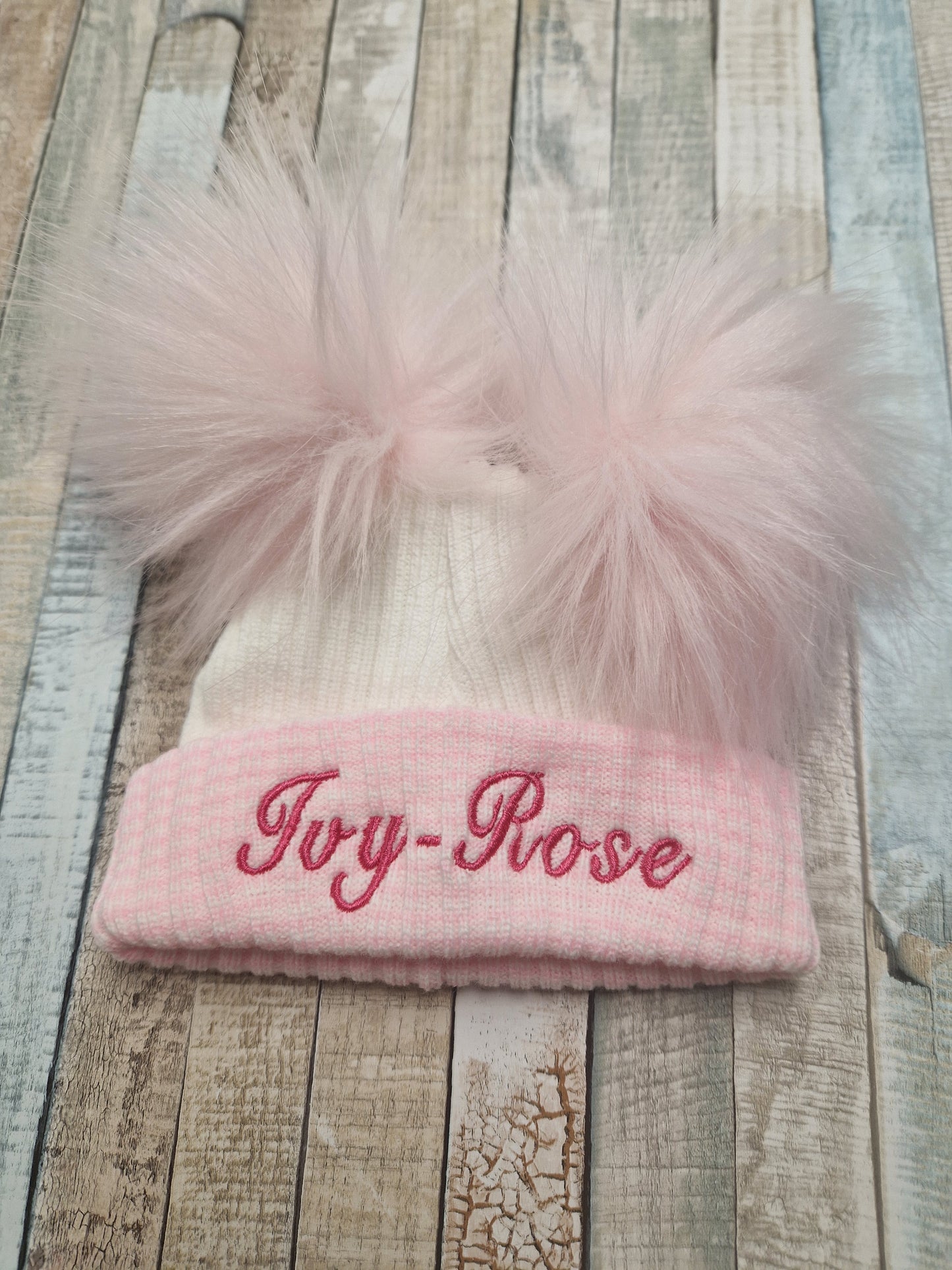 Personalised Baby First Size Ribbed Double Fluffy Faux Fur Pom Hats