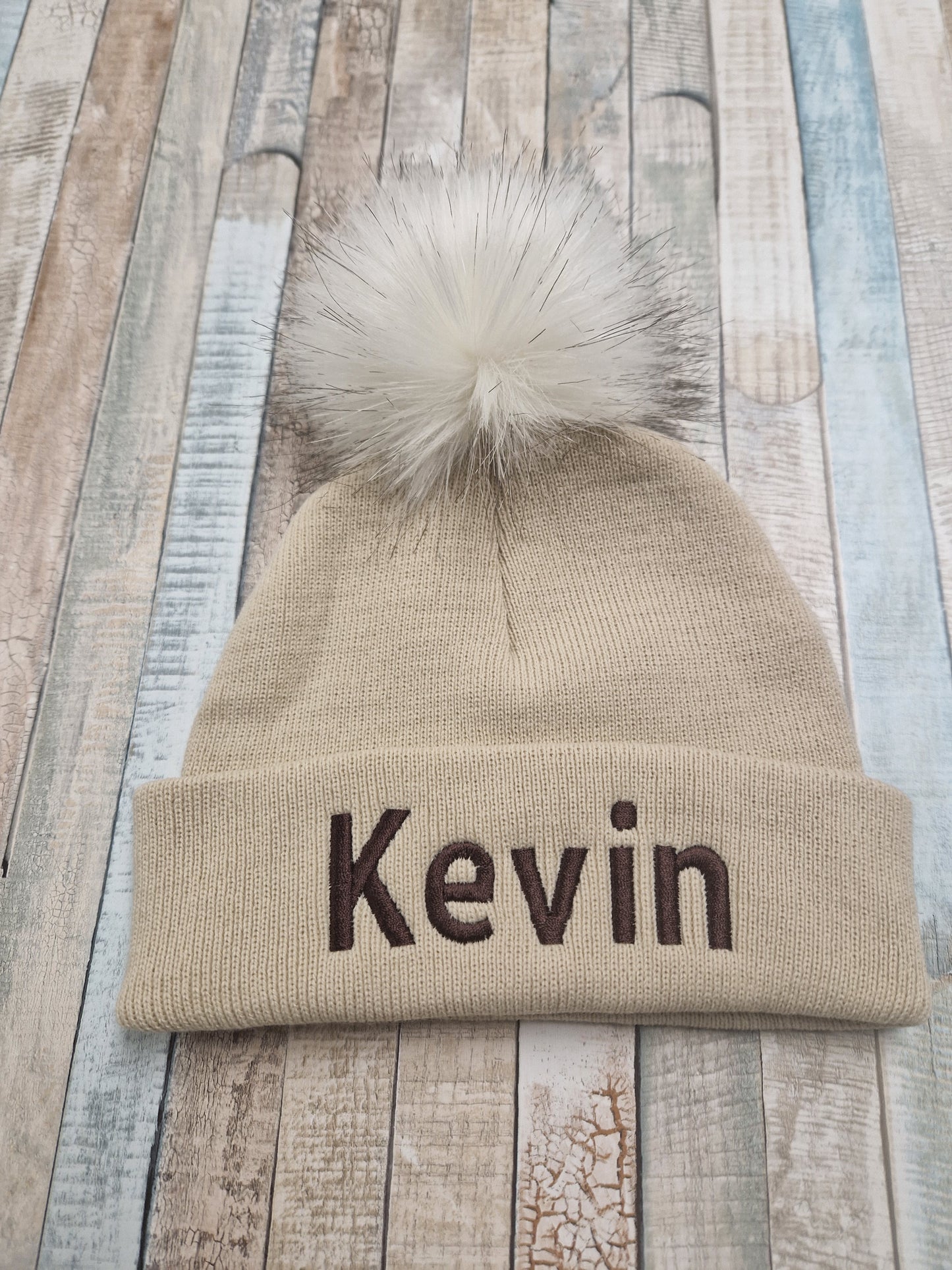 Personalised Baby Beige Single Fluffy Faux Fur Pom Knitted Hat