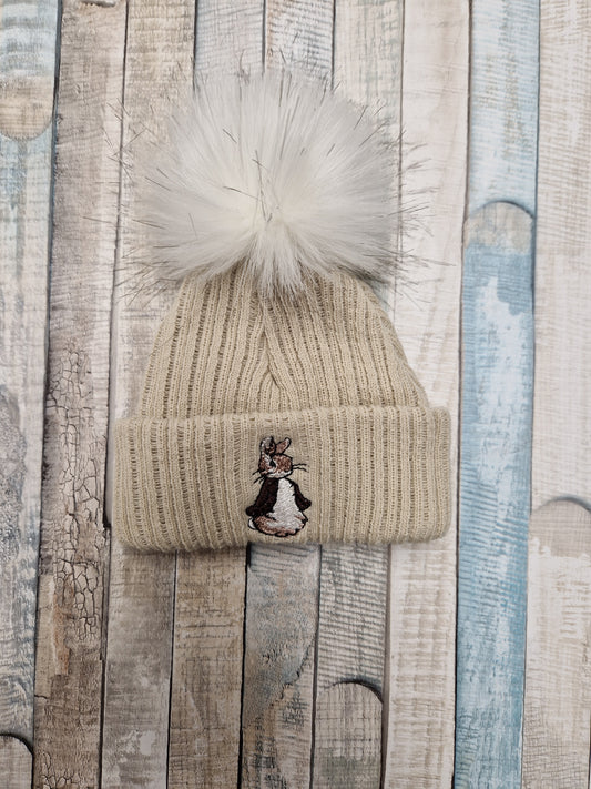 Unisex Baby Beige And Brown Knitted Rabbit Hat With Single Faux Fur Fluffy Pom