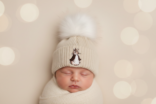 Unisex Baby Beige And Brown Knitted Rabbit Hat With Single Faux Fur Fluffy Pom