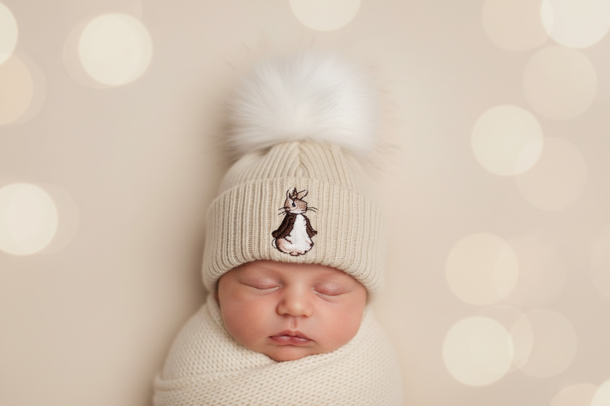 Unisex Baby Beige And Brown Knitted Rabbit Hat With Single Faux Fur Fluffy Pom