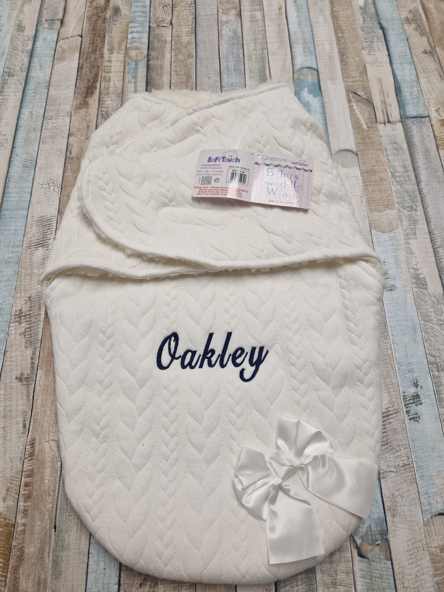 Personalised Unisex Baby White Knitted Cable Design Swaddle Wrap