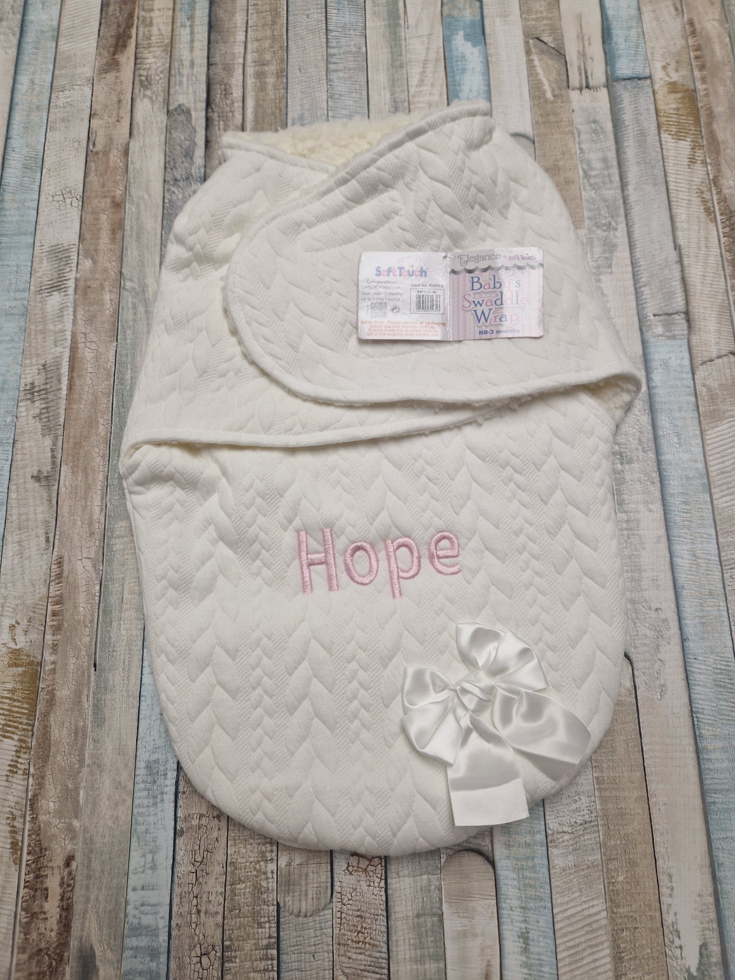 Personalised Unisex Baby White Knitted Cable Design Swaddle Wrap