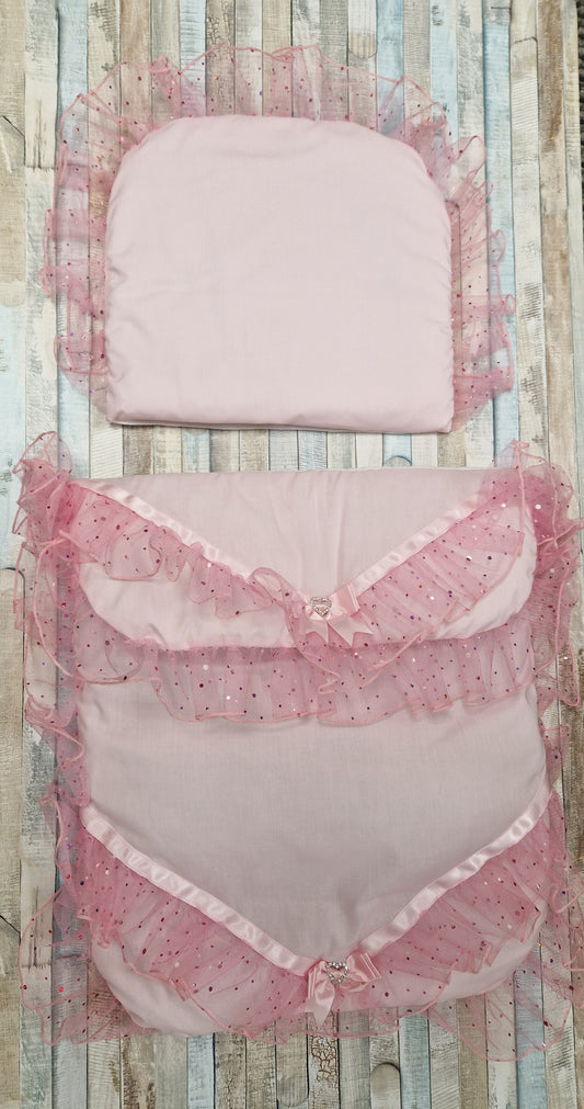 Baby Girls Pink Organza Sparkle Lace Pram Set