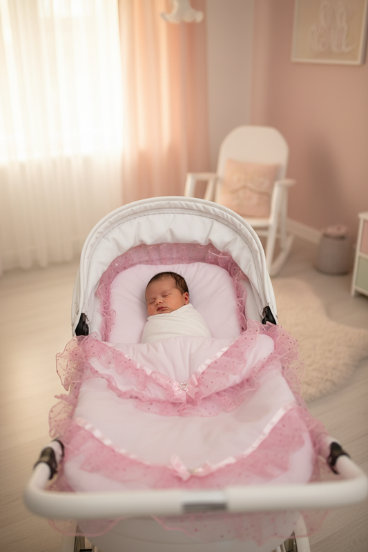 Baby Girls Pink Organza Sparkle Lace Pram Set