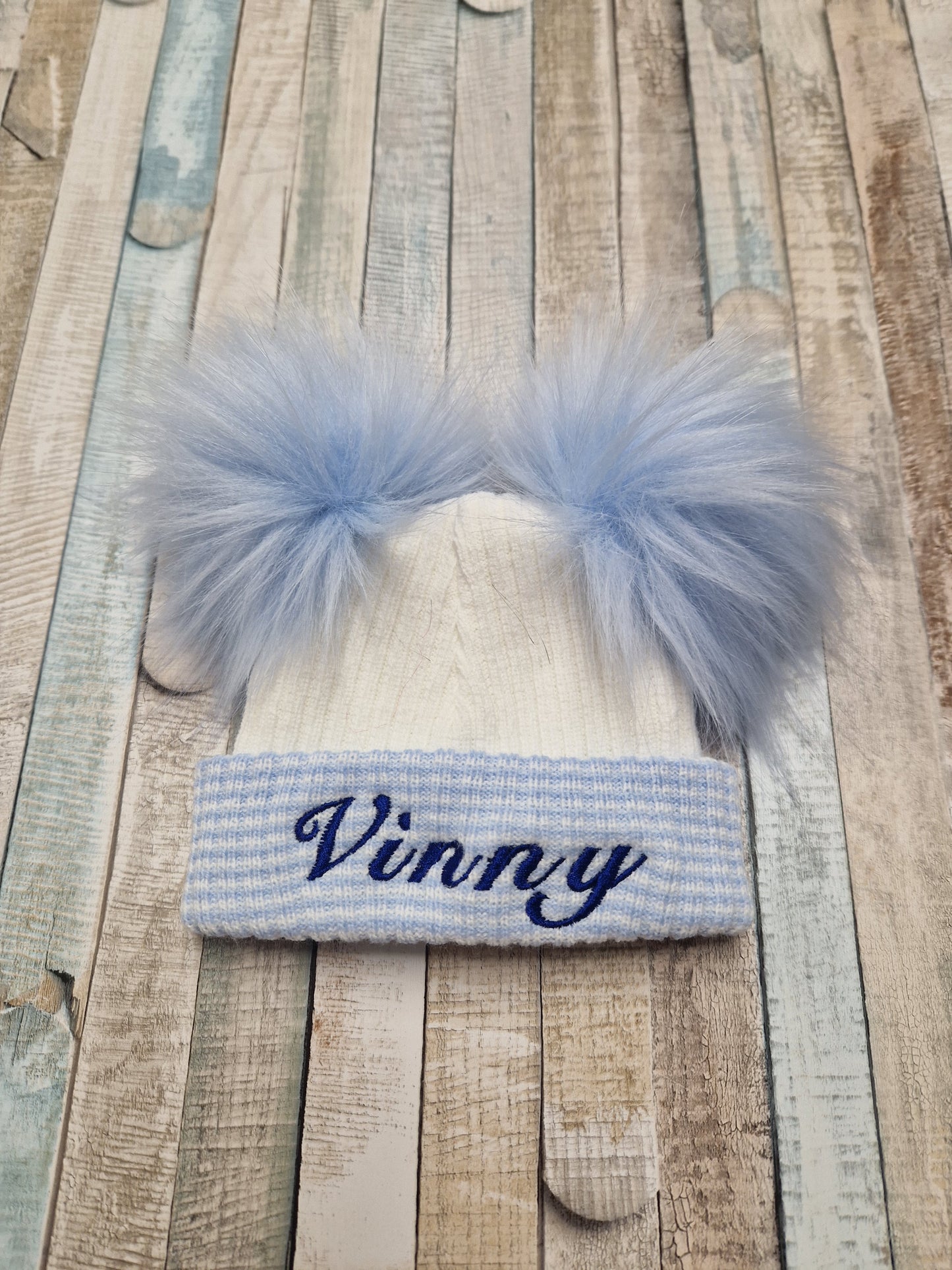 Personalised Baby First Size Ribbed Double Fluffy Faux Fur Pom Hats