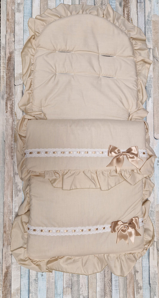 Unisex Baby Beige Frill Universal Pushchair Footmuff/ Cosytoes With Beige Satin Side Bow