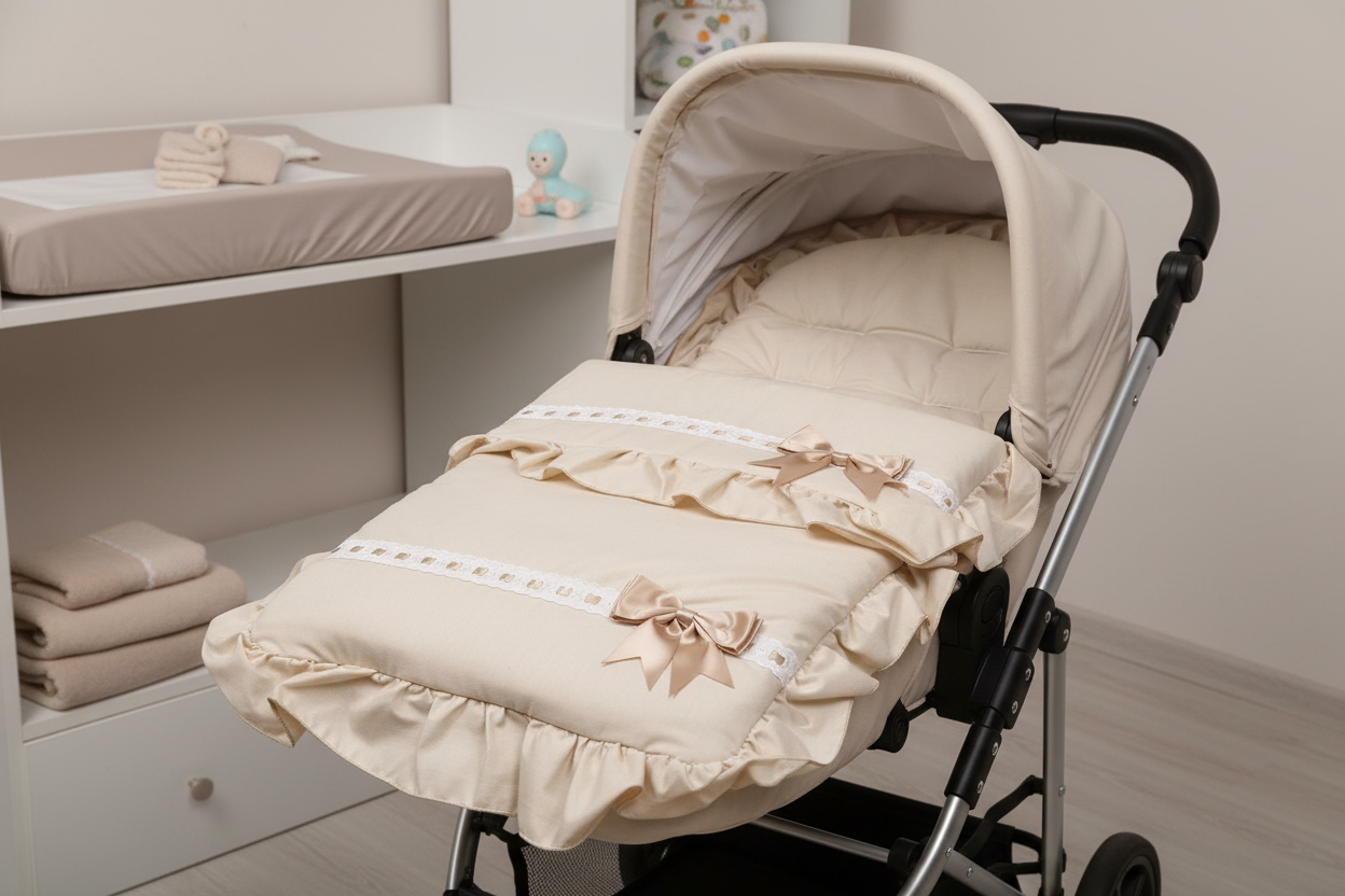 Unisex Baby Beige Frill Universal Pushchair Footmuff/ Cosytoes With Beige Satin Side Bow